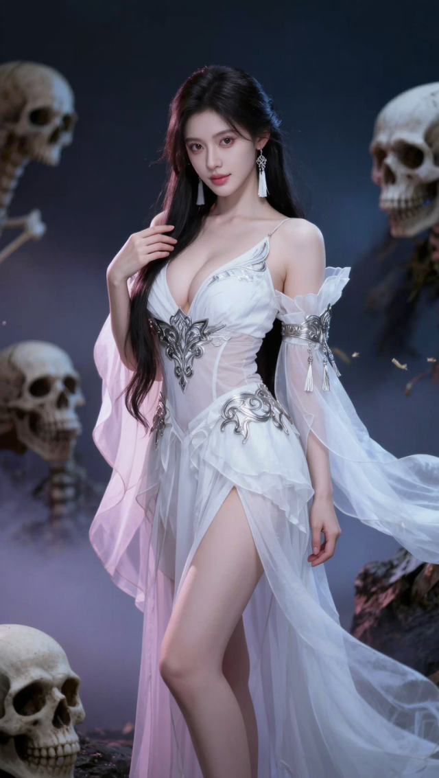 西游记当中的白骨精的女性化身形象,着妖系白色服装,性感妩媚