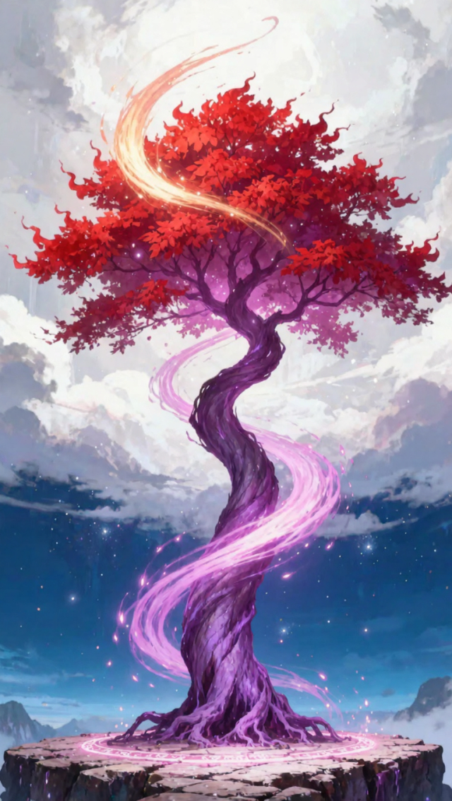 一棵仙界神树,生红叶,泛紫光,气通天地,神光笼罩