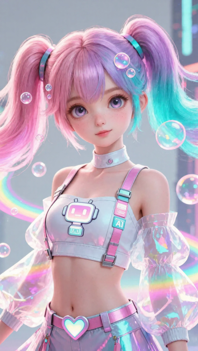 3D虚拟AI少女,动漫风格,高双马尾渐变发色(粉紫青色),全息幻彩光泽,心形脸,大眼睛,温柔微笑,赛博朋克机能风服装,全息材质,白色露脐装,胸前发光机器人图案,粉蓝肩带带AI标签,发光爱心腰带扣,全息泡泡袖,聊天气泡发夹,彩虹光环,霓虹轮廓光,浅灰背景,马卡龙配色,虚拟偶像,高清渲染