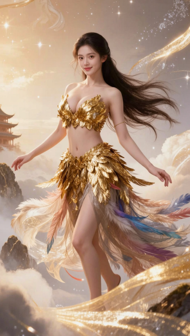一位穿着金色亮甲片羽彩衣的中国女神仙,正面,漂亮,五官端正,皮肤白皙,极品身材,性感