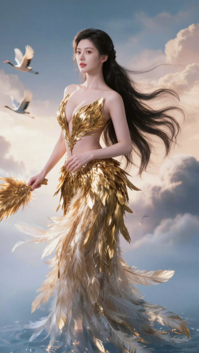 一位穿着金色亮甲片羽彩衣的中国女神仙,漂亮,五官端正,皮肤白皙,极品身材,性感