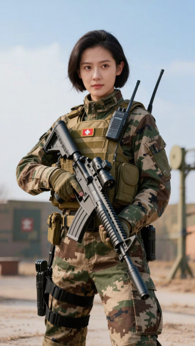 一个中国女性特种兵,穿着特战迷彩服装,很帅,25岁左右